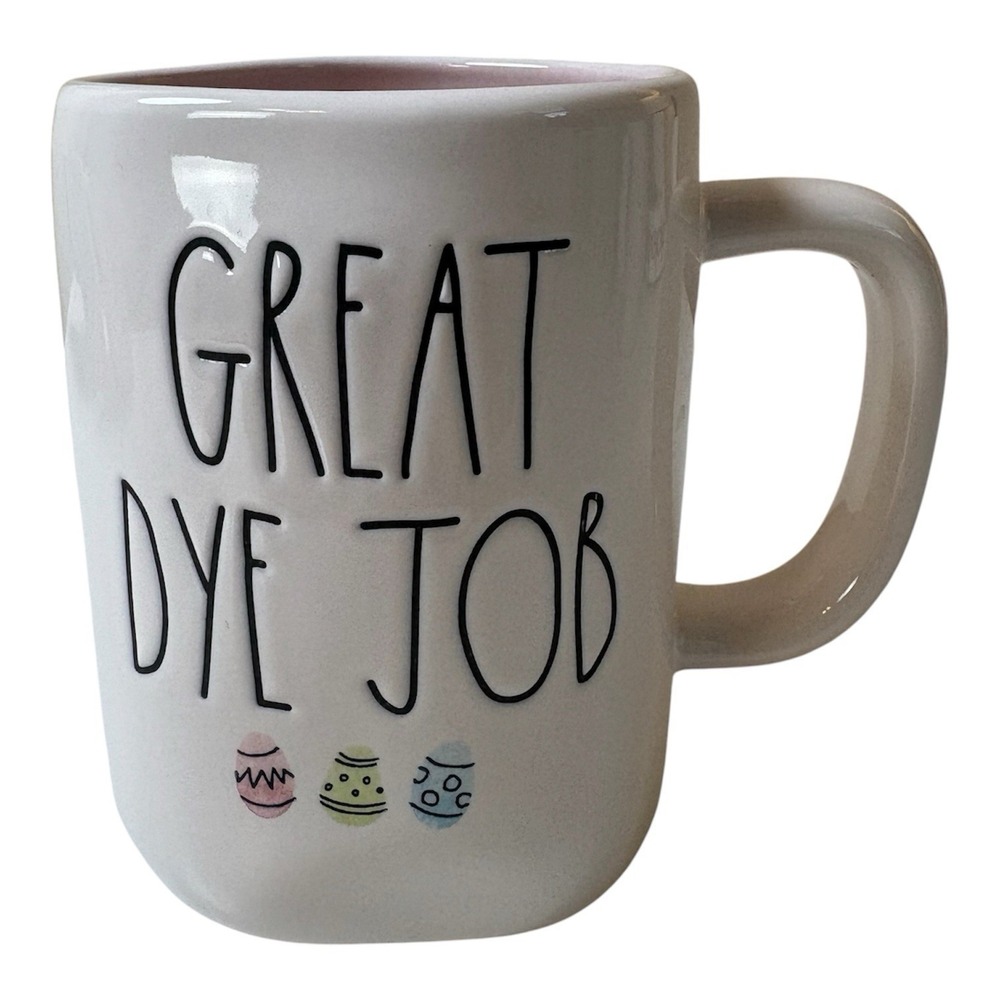 Rae Dunn Easter Cup Mug Great Dye Job Eggs Gloss White Pink Inside Magenta 20 oz